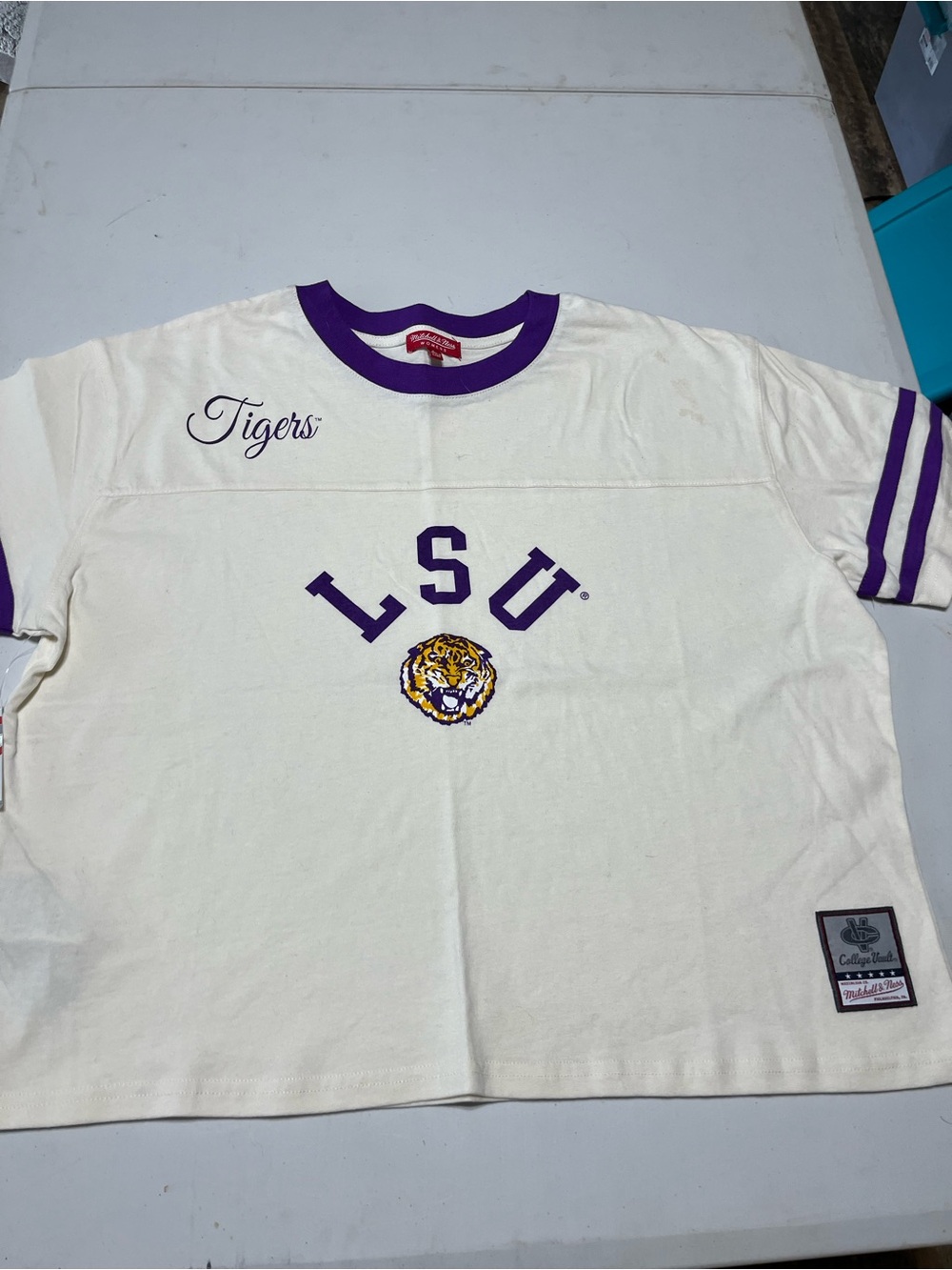 Mitchell & Ness LSU Tigers Cream & Purple Ringer Tee Large